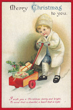 Vtg Clapsaddle Christmas Little Boy White Coat Toy Cart w/Gifts PC A/S Emb c1915 picture