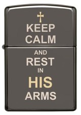 Zippo Lighter With Cross & Keep Calm and Rest In His Arms, 29610, New In Box picture
