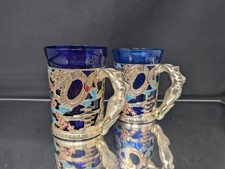 CHEEKY SURPRISE A Pair of Vintage Japanese Beer Mugs NUDE Cobalt Glass picture