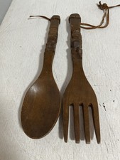 VTG Hand Carved Tiki Totem Handles Leather Strap Spoon & Fork Wall Hanging Deco picture