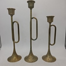 3 VTG Brass Graduated Bugle Horn Candle Holders Taper Christmas Patina picture