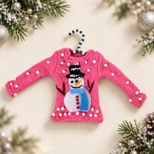 Vintage Michael Simon Miniature Sweater Christmas Ornament Pink Snowman picture