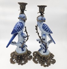 Antique Chinese Bird HOLLYWOOD REGENCY Blue Birds Brass Candle Holders 14