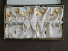 Vtg 24 K GOLD PLATED SEASHELL COCKTAIL PICKS/FORKS HOLLYWOOD REGENCY MCM picture