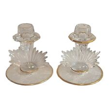 2 Clear Glass Starburst Candle Holders Art Deco Vtg MCM Gold Trim Floral Bases picture
