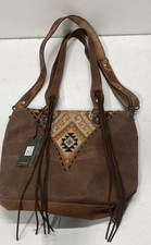 Myra Bag Brown Leather Canvas Flora Tote Bag Fringe Southwestern NWT picture