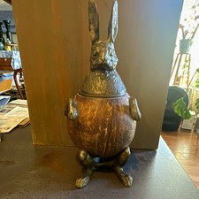Vintage Arthur Court Brass Coconut Wood Rabbit Box Inkwell Figurine Rare MCM picture