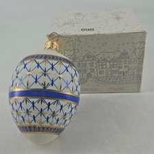 Vintage KOMOZJA Poland blown glass blue gold ornate egg Christmas Ornament picture