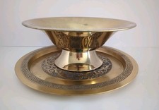Vintage United Metal Goods Pedestal Bowl & Greek Key Tray Set Gold Decor 116 picture