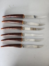 Set of 6 Vintage Sheffield Style Stainless Steak Knives Faux Antler Handles  picture