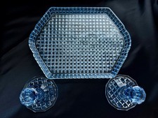 Vintage Blue Glass Waffle Tray & Candlesticks Mid Century Bohemian Vanity Set picture