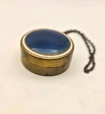Vintage Guilloche Art Deco Era Compact Brass Blue Enamel White Puff Dance Purse picture