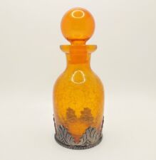 Vintage Amber Crackle Glass Decanter With Stopper And Silver Tone Metal Bottom picture