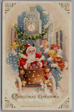 Rare~Winsch~Santa Claus in Car w/Children~Clock ~Vintage Christmas Postcard~s140 picture