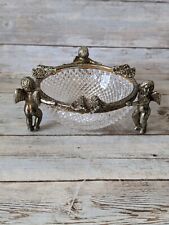 Vintage Cherub Adorned Trinket Dish Diamond Point Glass Hollywood Regency  picture