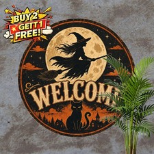Witch Riding Broom Welcome Round Metal Sign Halloween Wall Decor 8x8 picture