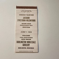 Burlington Wholesale Grocery 1953 Burlington WI Vintage Matchbook Cover TMM26-7 picture