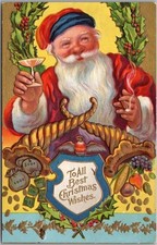 c1910s Christmas Embossed Postcard SANTA CLAUS Drinking Wine & Smoking Cigar picture