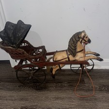 Vintage Horse Drawn Carriage Wicker Basket Metal Wheels Folk Art Decor picture