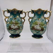 Antique Shaw & Copestake Swan Vases Pair Victorian Double Handle Gilt Porcelain picture