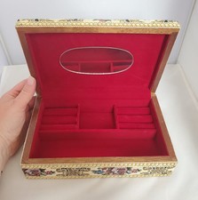 Vtg Floral Fabric wood Jewelry Box Red Velvet Lined Mirror 9