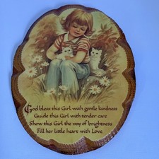 VTG  Decoupage Wood Wall Plaque Girl with Cats Kittens Picture picture