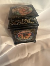 Vintage Mstera Russian Lacquer Box Hand-Painted Folk Scenes Gold Scrolls ~3x4.5” picture
