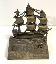 Antique Vintage Brass Sailing Ship Desktop Inkwell picture