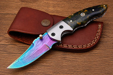 Premium Handmade Folding Knife Rainbow Damascus Style Blade w/Leather Sheath1427 picture