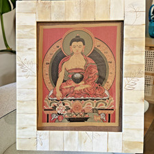 Vintage Shakyamuni Buddha Woven Silk Textile Thangka Bone Inlay Frame 11 x 13 picture