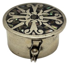 Vintage Mexican 925 Silver Pill Box Abalone Inlay Round Trinket Container picture