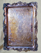 ONEIDA Silver Plate Butler Serving Tray, Ornate Floral Scroll Etched 14x 9.5 in picture