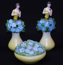 Antique Art Deco Flapper German Porcelain Perfume Bottles Trinket Powder Jar Set picture