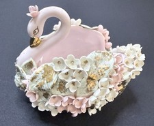Vintage Lefton K3058 Pink Swan Porcelain Applied Flowers Gold Japan picture