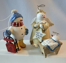 2 Midwest Sandi Gore Evans Christmas Ornaments Snowman Angel & Sled 3.5” Tall picture
