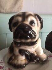 Large Vintage Ceramic Sitting Pug Dog Figurine Black and Tan With Pipe 9” Tall picture