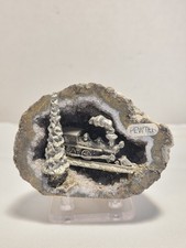 Vintage Pewter Steam Locomotive Train Figurine on Polished Agate Geode Base picture