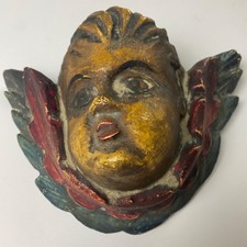 Vintage Polychrome Plaster Winged Cherub Head Wall Plaque Putti Baroque Style picture