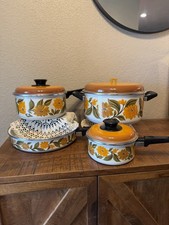 7 Piece JMP Capri Spain Enamel Floral 70’s Cookware Set Harvest Gold Pot Pan picture