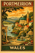 Portmeirion Wales Vintage Travel Poster 🌍 - 24x36” - Premium Matte Paper 200gsm picture
