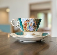 Vintage Royal Halsey Tea Cup Saucer Turquoise Gold Classical Scene Footed picture