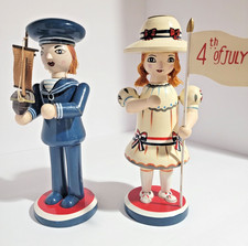 Vintage Hand painted Wooden Patriotic Americana Folk Art Taper Candle Holder Set picture