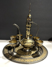 Vintage Brass Etched  Ewer -goblets- tray / black & brass color picture