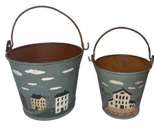 Vintage fun Miniature Metal Buckets W Houses Hand-Painted picture