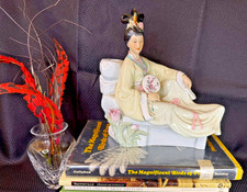 Vintage Chinese Porcelain Lounging Geisha Asian Woman Holding Fan and Bud Vase picture