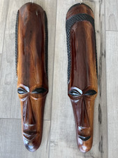 Vtg Zambian Long Face Masks set of 2 Hand Carved African Tribal Wood Decor 20