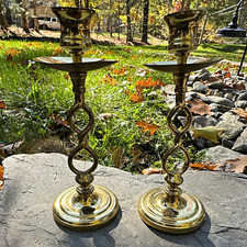 Vintage Ethan Allen Solid Brass Infinity Twist Candlestick Holders Pair USA 🔔 picture