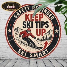 keep_ski_tips_up_ski_safety_badge_retro_skier_up_arrow_double_ring_border_vintag picture