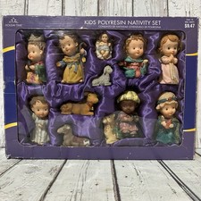 Vtg Holiday Time 11 Pc Poly Resin Children Nativity Set In Original Box Kids picture