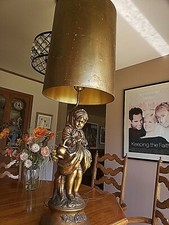 VTG Mid-Century Gold Gilded Chalkware Figural Peasant Girl Table Lamp w/Shade picture